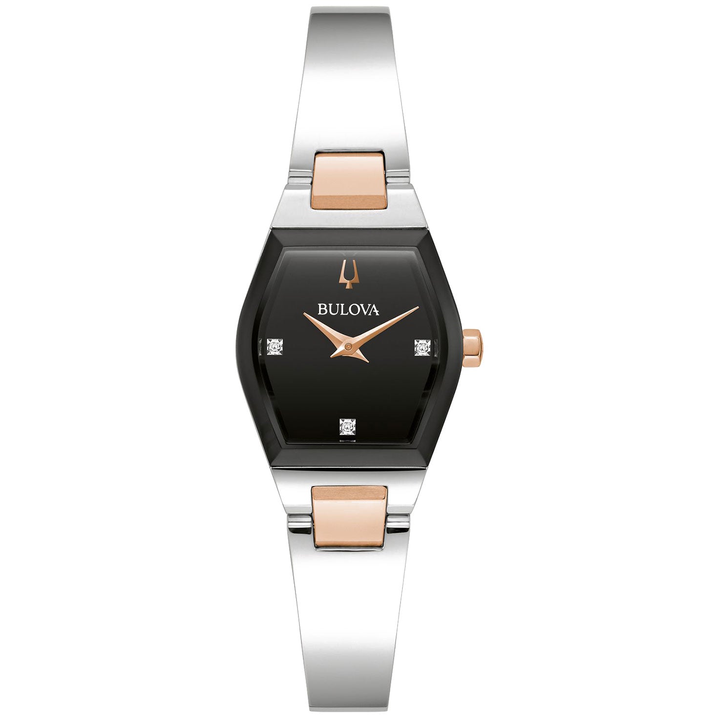 Presenting the Bulova Gemini Quartz 22.5mm Watch, a stylish women's timepiece that boasts a black dial, gold-tone hands, and four crystal markers. This watch features a modern two-tone stainless steel and rose gold-tone bracelet paired with an angular case from the Bulova Gemini Collection.