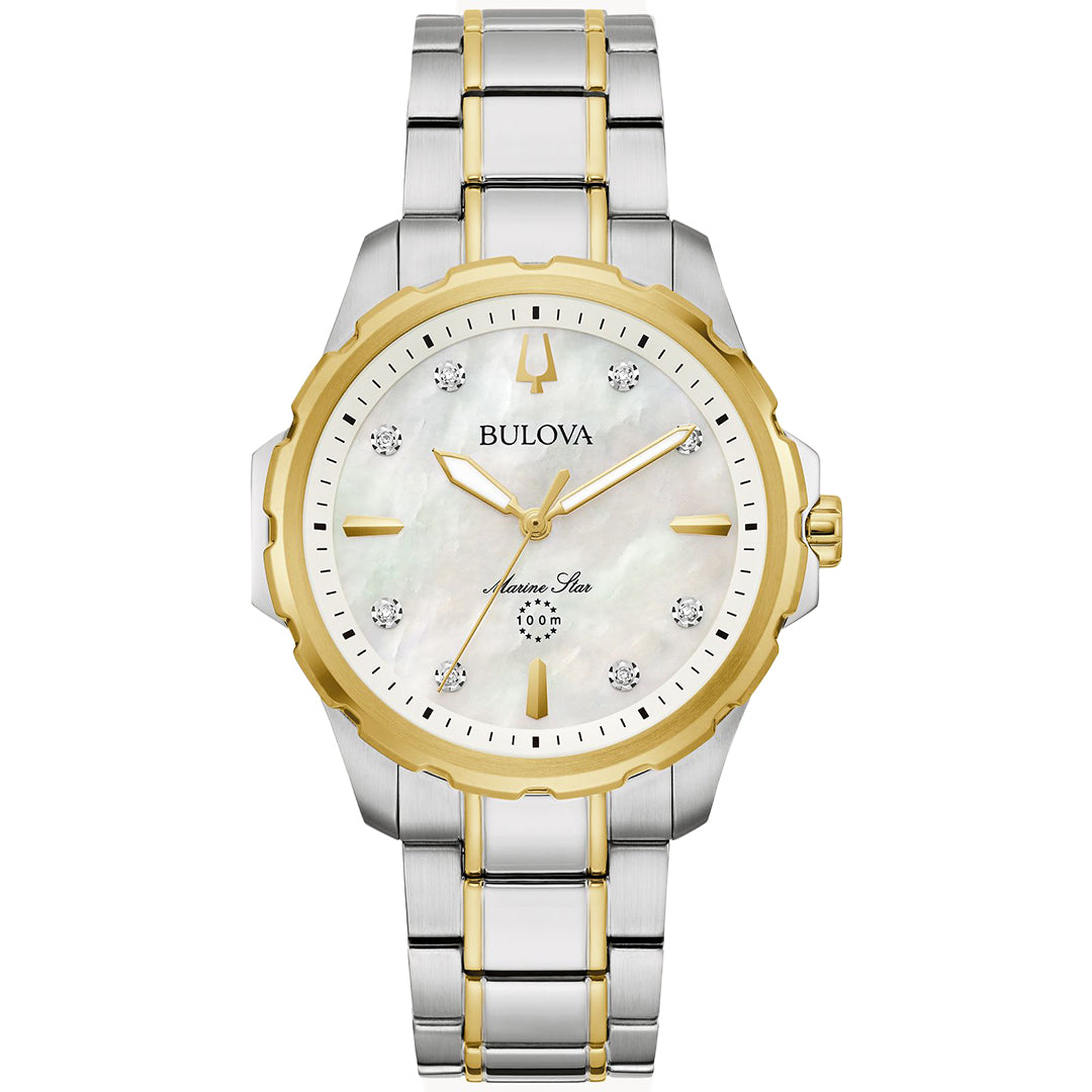 This sophisticated ladies' timepiece, the Bulova Marine Star Quartz 36mm Watch, showcases a stunning silver and gold design with a mother-of-pearl dial. The watch features gold hour markers, diamond accents, and a stainless steel band adorned with a central gold stripe. Its bezel elegantly blends silver and gold tones.