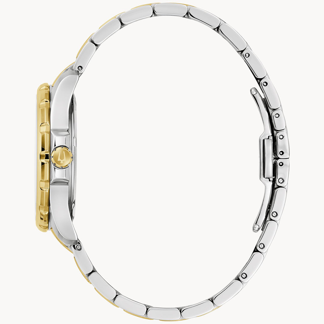 Side view of the Bulova Marine Star Quartz 36mm Watch, a women's timepiece featuring a two-tone silver and gold metal band. This watch showcases a round gold case with visible crown details and offers a sleek, minimalist design. The bracelet includes linked sections, a clasp closure, and an elegant mother-of-pearl dial.