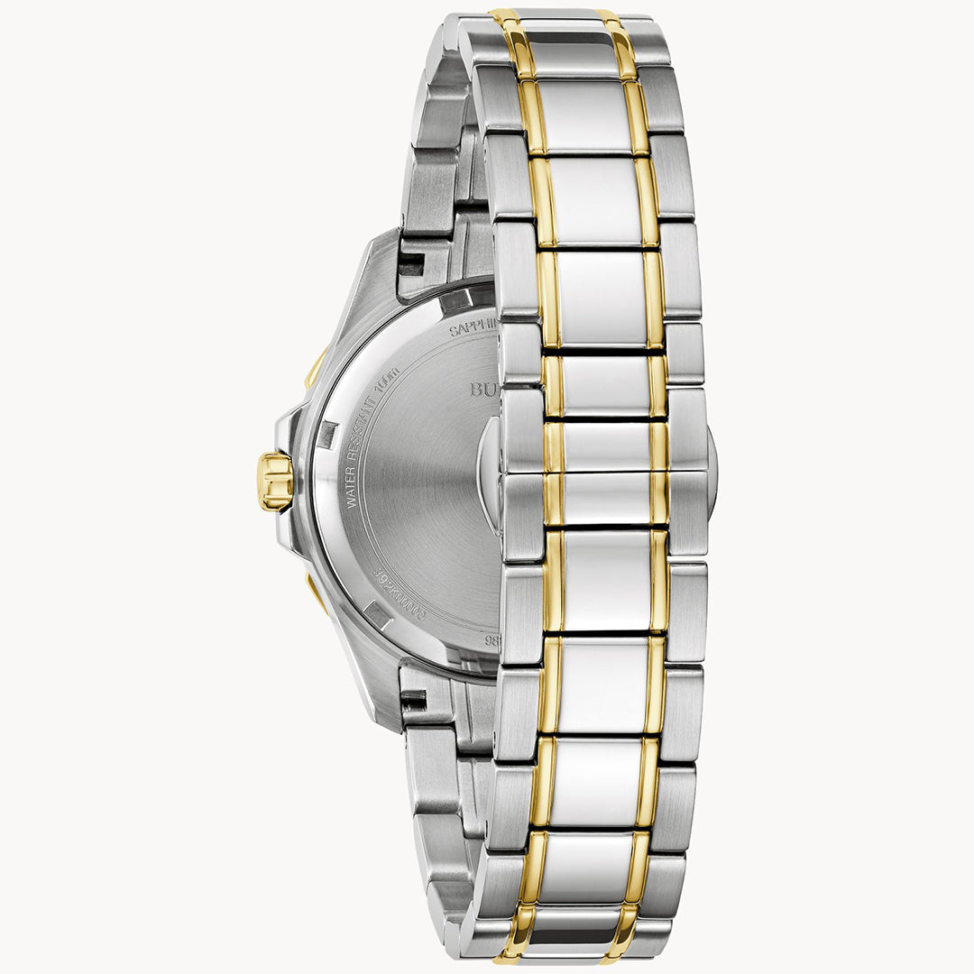 A luxurious ladies' timepiece, the Bulova Marine Star Quartz 36mm Watch features a striking silver and gold linked bracelet that elegantly displays both the back and side of this exquisite piece. The metal strap is embellished with sophisticated gold accents along the edges, while its signature mother-of-pearl dial stays discreetly concealed.