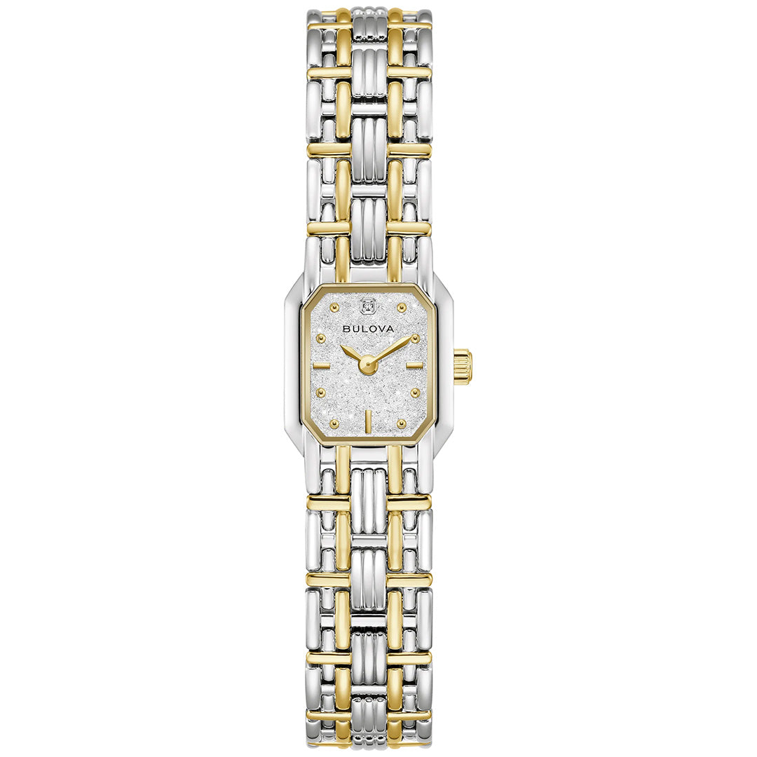 Introducing the Bulova Goddess of Time Sophia Quartz 16mm Watch, a refined women’s timepiece featuring a rectangular silver and gold face, diamond hour markers, and a two-tone metal link band with silver and gold accents—an elegant neo-vintage piece that channels the timeless style of Bulova’s classic 1993 recreation.