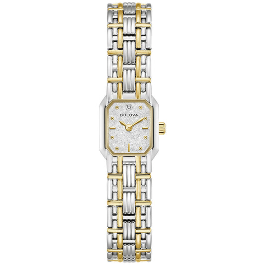 Introducing the Bulova Goddess of Time Sophia Quartz 16mm Watch, a refined women’s timepiece featuring a rectangular silver and gold face, diamond hour markers, and a two-tone metal link band with silver and gold accents—an elegant neo-vintage piece that channels the timeless style of Bulova’s classic 1993 recreation.