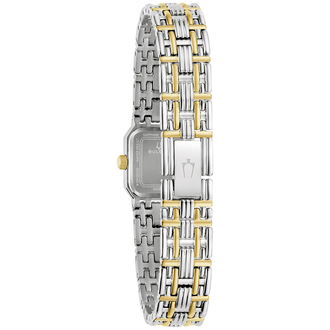A two-tone silver and gold link wristwatch, viewed from the side to display the clasp, band texture, and crown. The case is visible but the face remains out of sight—this is the Bulova Goddess of Time Sophia Quartz 16mm Watch, a women’s timepiece with classic neo-vintage appeal from Bulova.