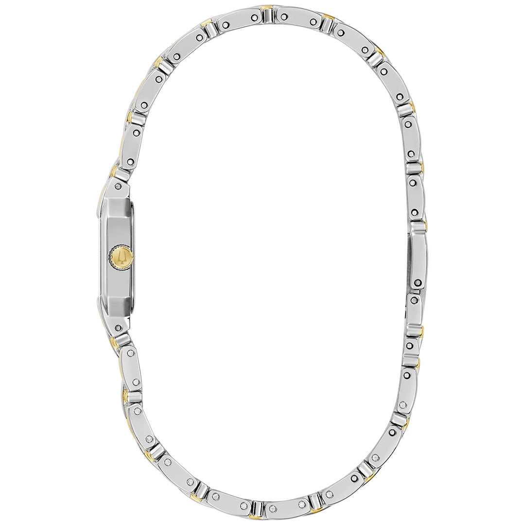 A slim, silver and gold wristwatch is displayed in profile, its oval form highlighting the band and the gold crown on the case—an elegant detail from the Bulova Goddess of Time Sophia Quartz 16mm Watch. This neo-vintage timepiece by Bulova embodies refined sophistication in its contemporary recreation.