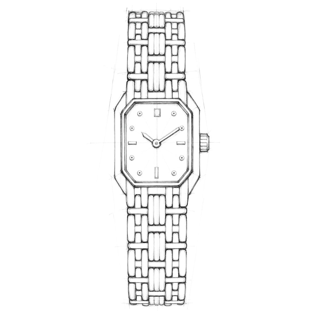Black and white sketch of the Bulova Goddess of Time Sophia Quartz 16mm Watch, an octagonal wristwatch with a linked metal band and a minimalistic face featuring simple hour markers and two hands. Inspired by a 1993 Bulova recreation, this neo-vintage piece embodies the timeless elegance synonymous with the Bulova brand.
