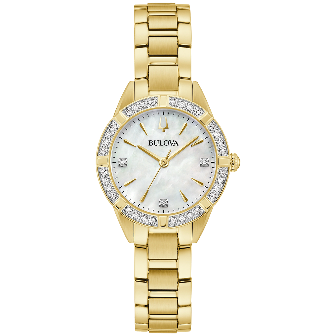 Bulova Sutton Diamond Quartz 28mm Watch in gold-tone stainless steel with a mother-of-pearl dial, diamond-accented bezel, and diamond hour markers.