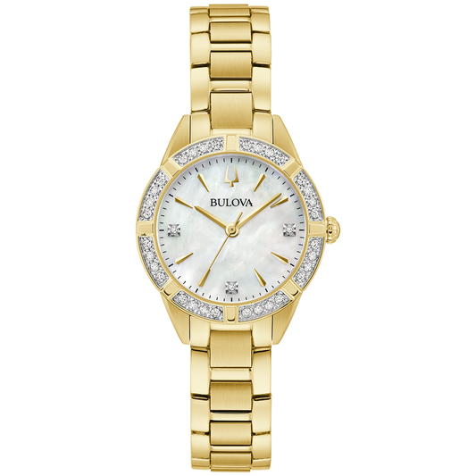 Bulova Sutton Diamond Quartz 28mm Watch in gold-tone stainless steel with a mother-of-pearl dial, diamond-accented bezel, and diamond hour markers.