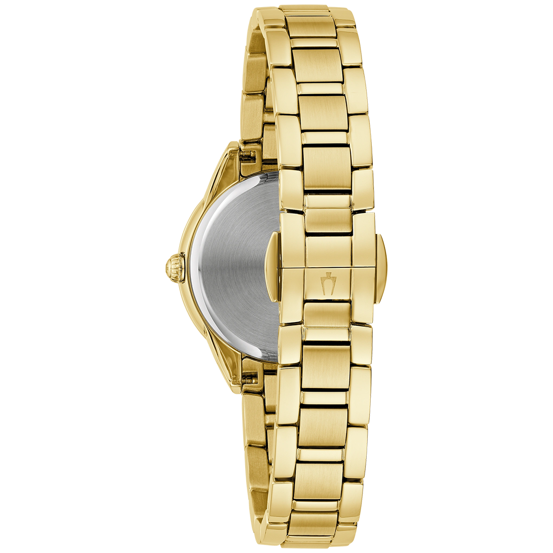 Back view of a gold-tone stainless steel Bulova Sutton Diamond Quartz 28mm Watch featuring a link bracelet and a folding clasp.
