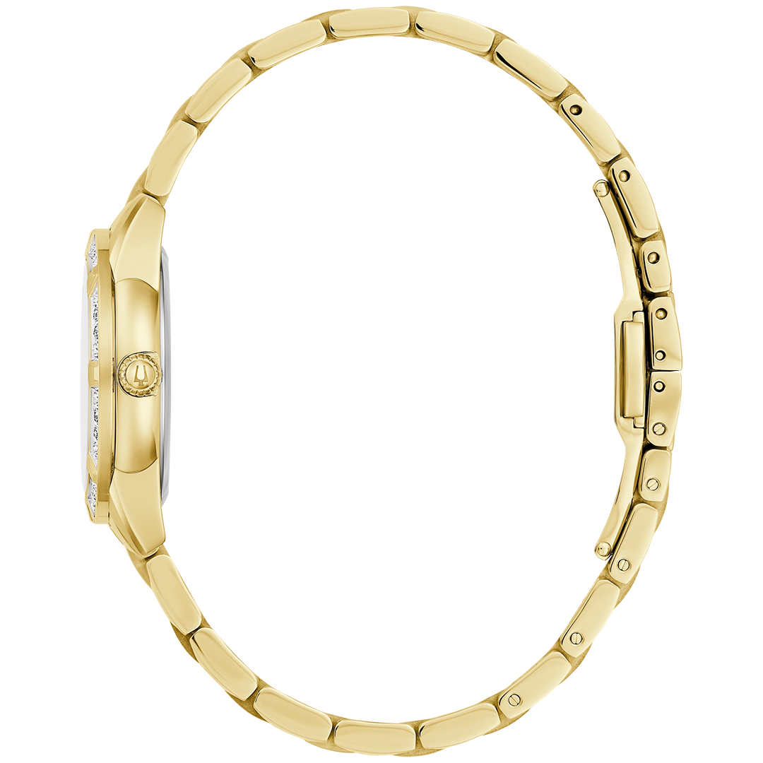 Side profile of a gold-tone stainless steel Bulova Sutton Diamond Quartz 28mm Watch with a diamond-accented bezel and a link bracelet.