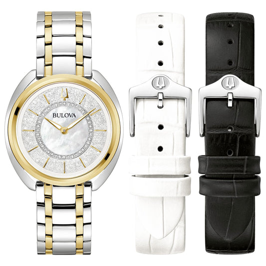 The Bulova Duality Quartz 34mm Watch by Bulova showcases a stunning silver and gold metal strap, complemented by a Mother-of-Pearl dial adorned with 40 hand-set diamonds. It also includes two elegant leather straps in white and black, each equipped with a sophisticated silver buckle.