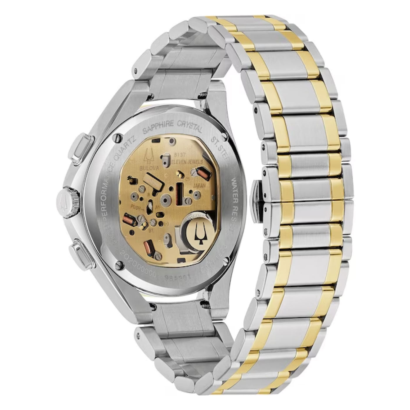 The back view of the Bulova Maquina Marc Anthony Automatic 46mm Watch, featuring a metal strap with silver and gold links, prominently displays its open case that reveals the internal mechanism. This design highlights its automatic 21-jewel movement along with details such as "Sapphire Crystal" and "Water Resistant.