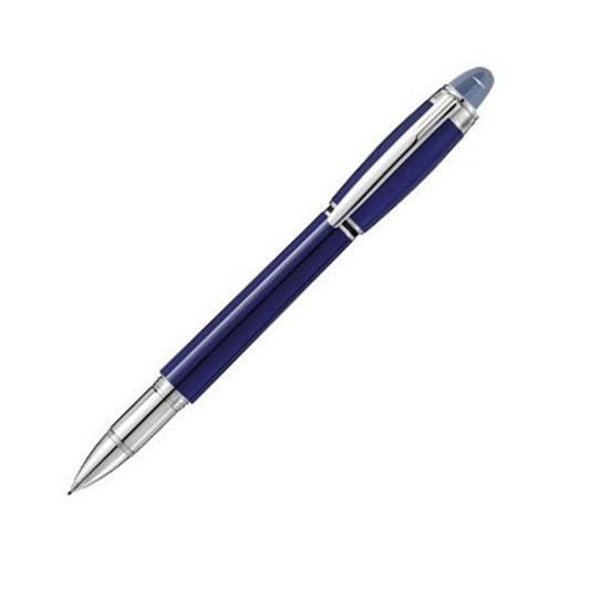 A sleek, cool blue Montblanc Starwalker ballpoint pen with silver accents, positioned diagonally against a white background.