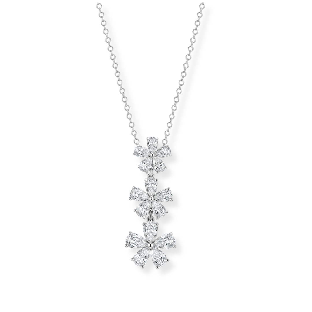 The Raffi&Co.® 14K White Gold Diamond Necklace Pendant features three sparkling pear-shaped diamond clusters totaling 2.25CTW, each graded VS1-VS2 for exceptional clarity, arranged vertically as a pendant on a delicate white gold chain, shown against a white background.