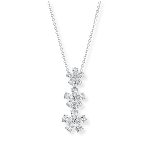 The Raffi&Co.® 14K White Gold Diamond Necklace Pendant features three sparkling pear-shaped diamond clusters totaling 2.25CTW, each graded VS1-VS2 for exceptional clarity, arranged vertically as a pendant on a delicate white gold chain, shown against a white background.