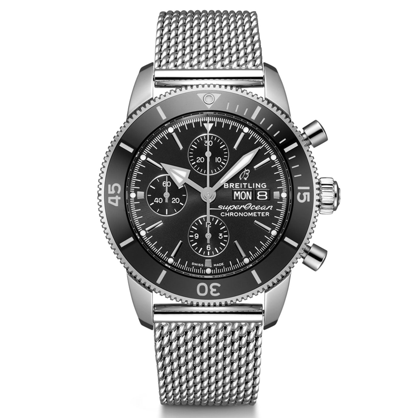 Experience timeless elegance with the BREITLING Superocean Heritage Chronograph 44, crafted by Breitling. This luxury chronograph watch showcases a black round dial with three subdials and a date display. The bezel is adorned with numerals, while the stainless steel mesh bracelet offers both style and durability. It is powered by the Breitling Caliber 13 movement.