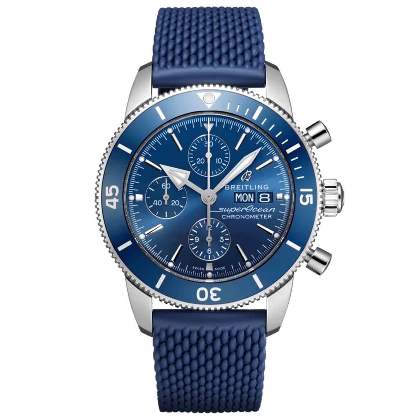 The BREITLING Superocean Heritage Chronograph 44 is an esteemed diver's watch that boasts a blue dial with three subdials, a day-date display, and large, luminous hands and markers encased in a durable stainless steel case. Its coordinating textured rubber strap enhances the classic design.