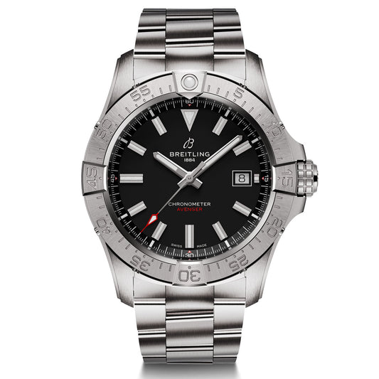 The BREITLING Avenger Automatic 42 embodies exceptional durability with its stainless steel build, striking black dial, and sleek silver hour markers. It includes a date window at the 3 o'clock position and a unidirectional rotating bezel marked with minute graduations. The metal bracelet is equipped with a folding clasp for high-performance functionality.