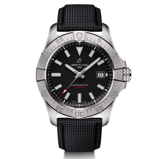 The BREITLING Avenger Automatic 42 wristwatch offers high-performance functionality with its silver casing, black dial, and date display. It boasts a knurled bezel, luminous hour markers, and a sophisticated black strap. The words "Breitling" and "Chronometer Avenger" stand out prominently on the dial, radiating an air of unmatched strength.