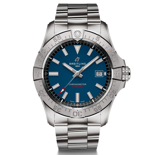 The BREITLING Avenger Automatic 42 watch from Breitling showcases a stainless steel construction with a blue dial, silver hour markers, and a date window positioned at 3 o'clock. It offers full-throttle functionality and is equipped with a metal bracelet, featuring prominent branding on the face.