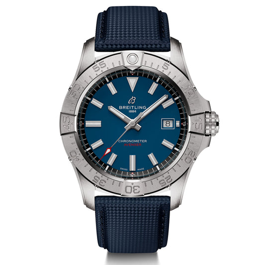 Introducing the BREITLING Avenger Automatic 42, a sophisticated wristwatch by Breitling featuring a blue dial and silver bezel adorned with the iconic Avenger logo. This timepiece not only displays the date but also embodies full-throttle functionality with its sleek navy strap, offering a modern and elegant design.