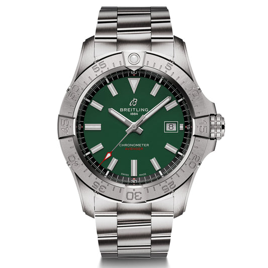 The BREITLING Avenger Automatic 42 wristwatch by Breitling features a striking green face adorned with silver hour markers and hands. A date display is positioned at the 3 o'clock mark, enhanced by a red-tipped seconds hand. Its durable stainless steel band and ridged bezel numerals highlight supersonic strength.