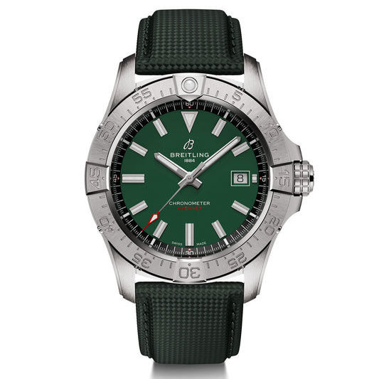 The BREITLING Avenger Automatic 42 is a silver watch featuring a dark green face and a coordinating strap. It includes a date display at the 3 o'clock position, silver hour markers, and a red-tipped second hand. The bezel is detailed with engraved numerals, providing full-throttle functionality.