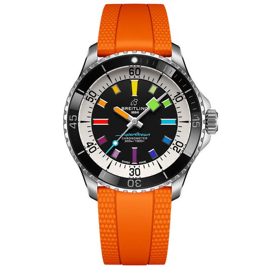 The BREITLING Superocean Automatic 42 features a black dial, vivid luminescent indexes, an orange textured rubber strap, a black bezel with white markings, and a sleek silver case.