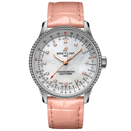 The Certified Pre-Owned BREITLING Navitimer Automatic 35 by Breitlin1 boasts a pink leather strap, a white dial with diamond markers, rose gold hands, and precise chronometer markings. It is powered by the COSC-certified Breitling Caliber 17 and features a silver bezel with a textured edge for added elegance.