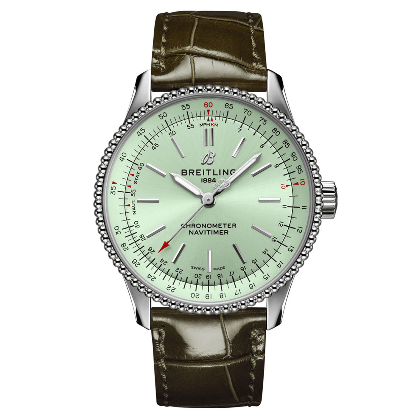 The Certified Pre-Owned BREITLING Navitimer Automatic 35 wristwatch, under the Breitlin1 brand name, features a pale green dial equipped with a COSC-certified chronometer that has distinctive red and black markings. Its elegance is highlighted by a silver bezel paired with a dark brown leather strap featuring a crocodile pattern, while the brand logo is prominently displayed below the 12 o'clock position.