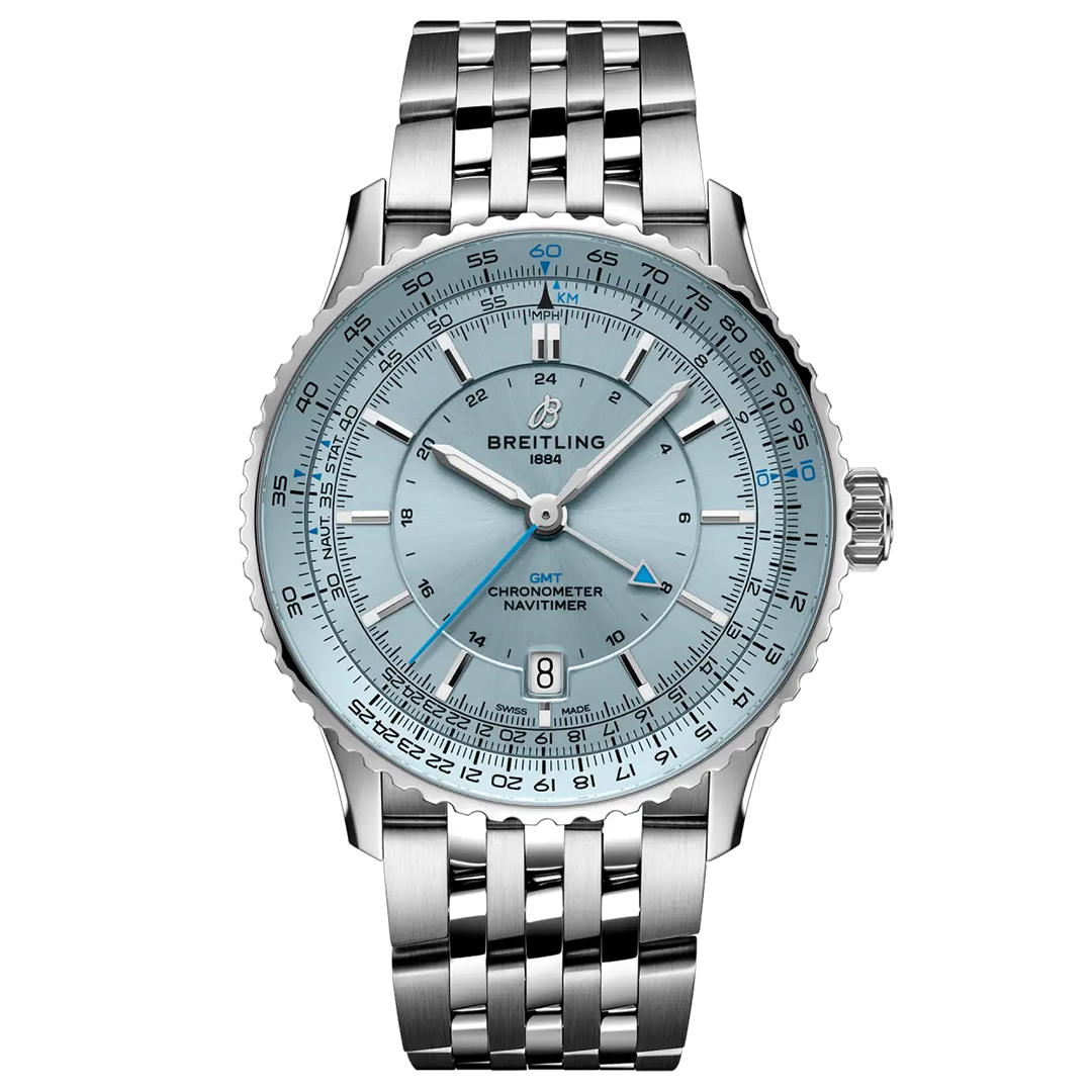 A stainless steel Breitling Navitimer Automatic GMT 41 watch with a light blue dial, a GMT hand, and a date display at the six o’clock position, on a multi-link metal bracelet.
