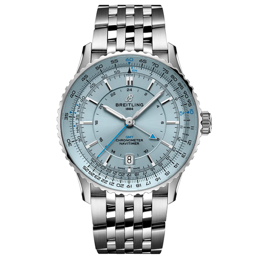 A stainless steel Breitling Navitimer Automatic GMT 41 watch with a light blue dial, a GMT hand, and a date display at the six o’clock position, on a multi-link metal bracelet.