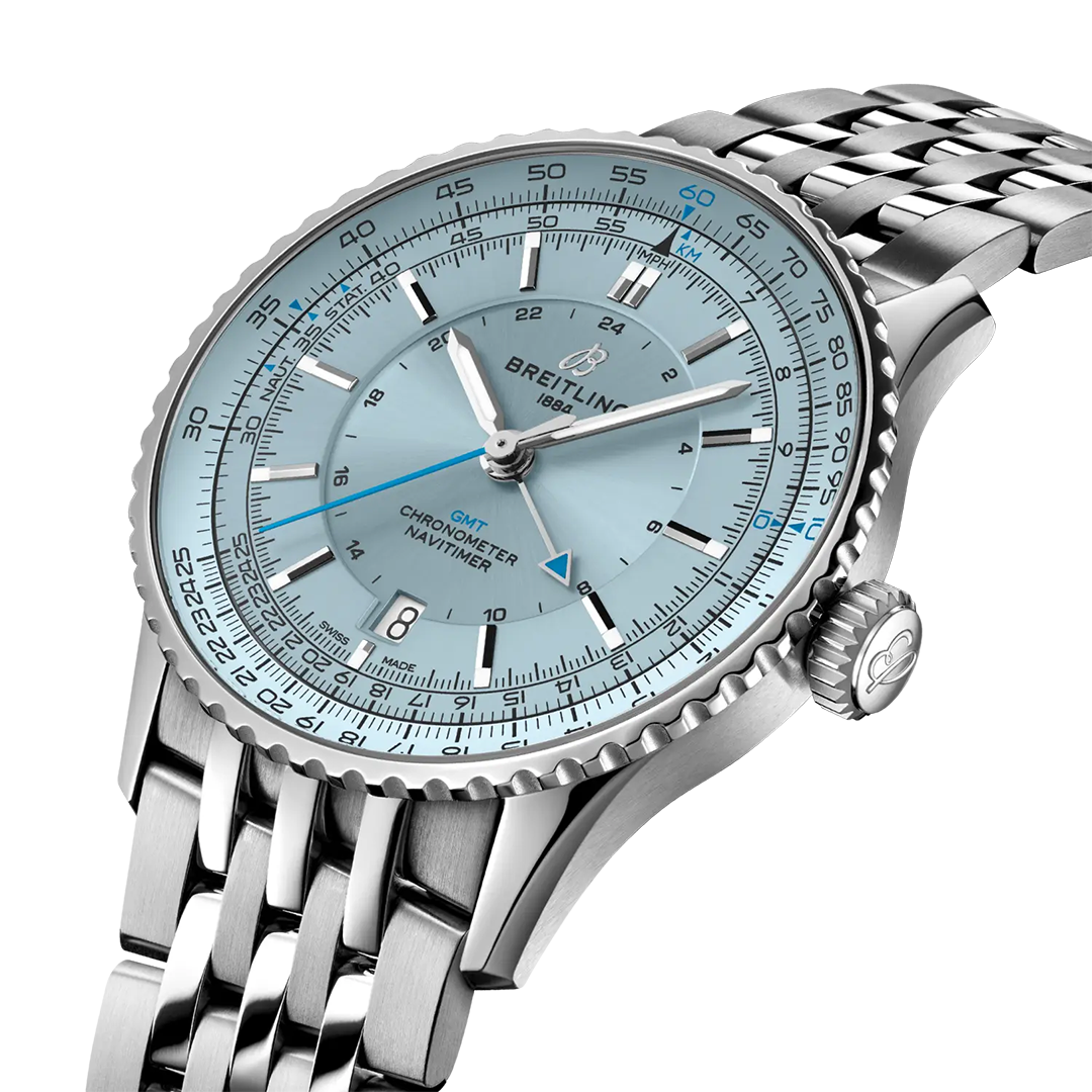 A silver-toned BREITLING Navitimer Automatic GMT 41 wristwatch with a light blue dial, featuring a slide rule bezel, a 24-hour GMT hand with a blue arrow tip, and a metal link bracelet.