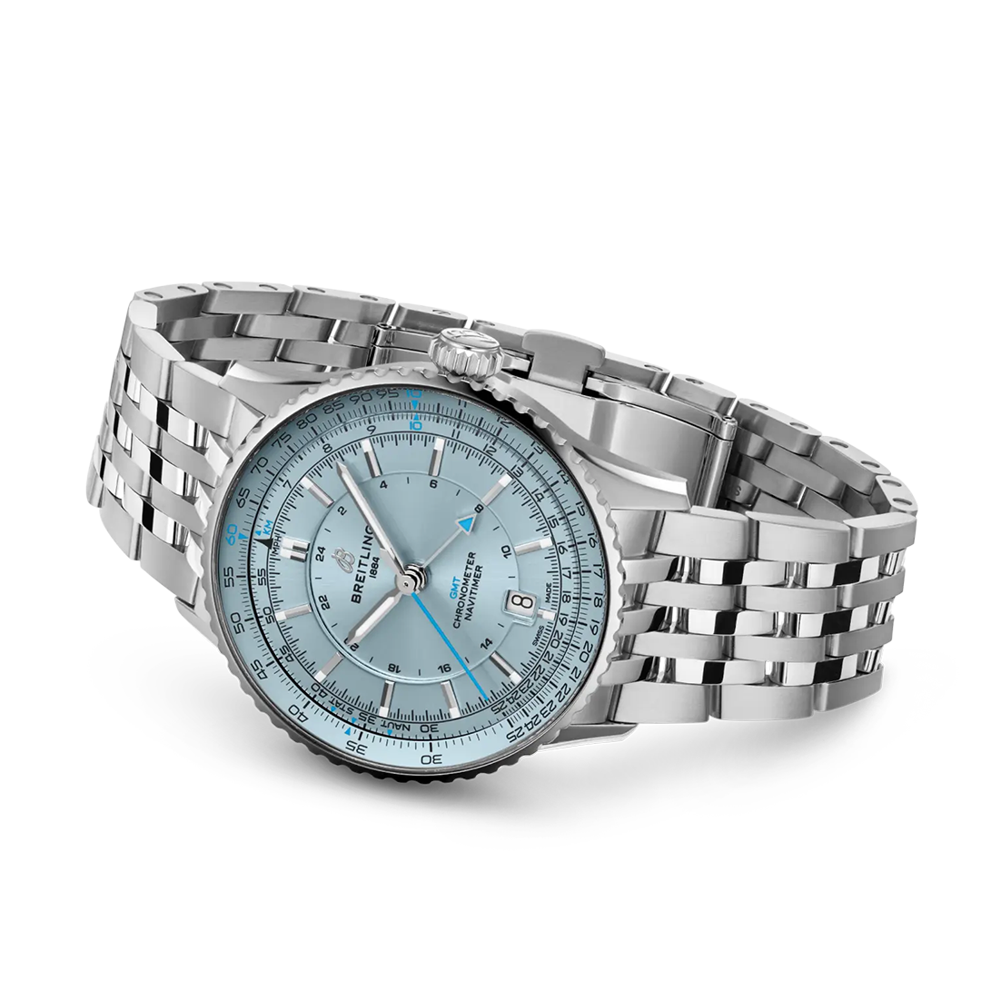 Silver-tone BREITLING Navitimer Automatic GMT 41 watch with a light blue dial, circular slide rule bezel, and metal link bracelet.