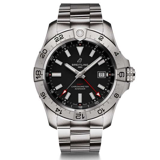 The Breitling Avenger Automatic GMT 44 chronometer watch features a sleek and sophisticated design with impressive strength, showcasing a black dial, white numerals, and a red second hand. Its metal bracelet and detailed bezel enhance its high-performance functionality.