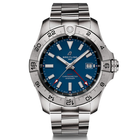 The BREITLING Avenger Automatic GMT 44 by Breitling features a silver stainless steel design with a striking blue dial adorned with white hour markers and hands. It includes a date window at the 3 o'clock position. The vibrant red seconds hand contrasts beautifully against the blue face, while the matching metal bracelet enhances both style and precision.