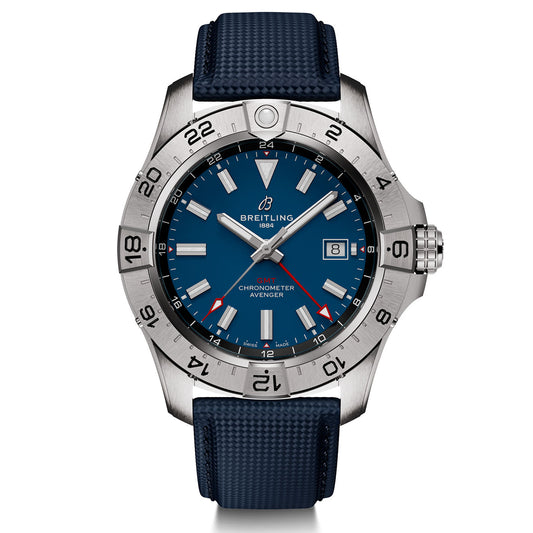 The BREITLING Avenger Automatic GMT 44 is a stunning silver timepiece with a blue face and black strap. It offers full-throttle functionality, featuring a date display and silver hour markers encircled by a silver bezel with Arabic numerals. The hands are designed in silver with red and white accents, making it an exceptional watch from Breitling.