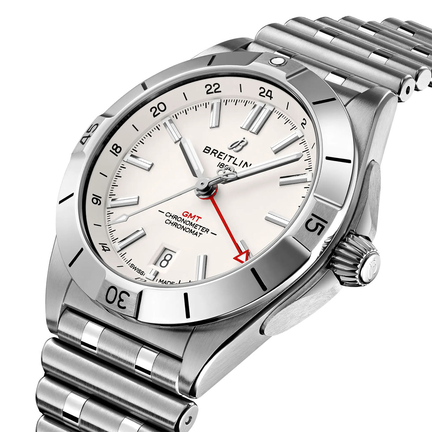 Displayed is a silver BREITLING Chronomat Automatic GMT 40 watch, featuring a white dial with a red-tipped GMT hand and a stainless steel band. The bezel is adorned with numeral markers, while the face proudly displays "Breitling" and "GMT Chronometer Chronomat 32." This watch offers precision with its Automatic GMT movement.