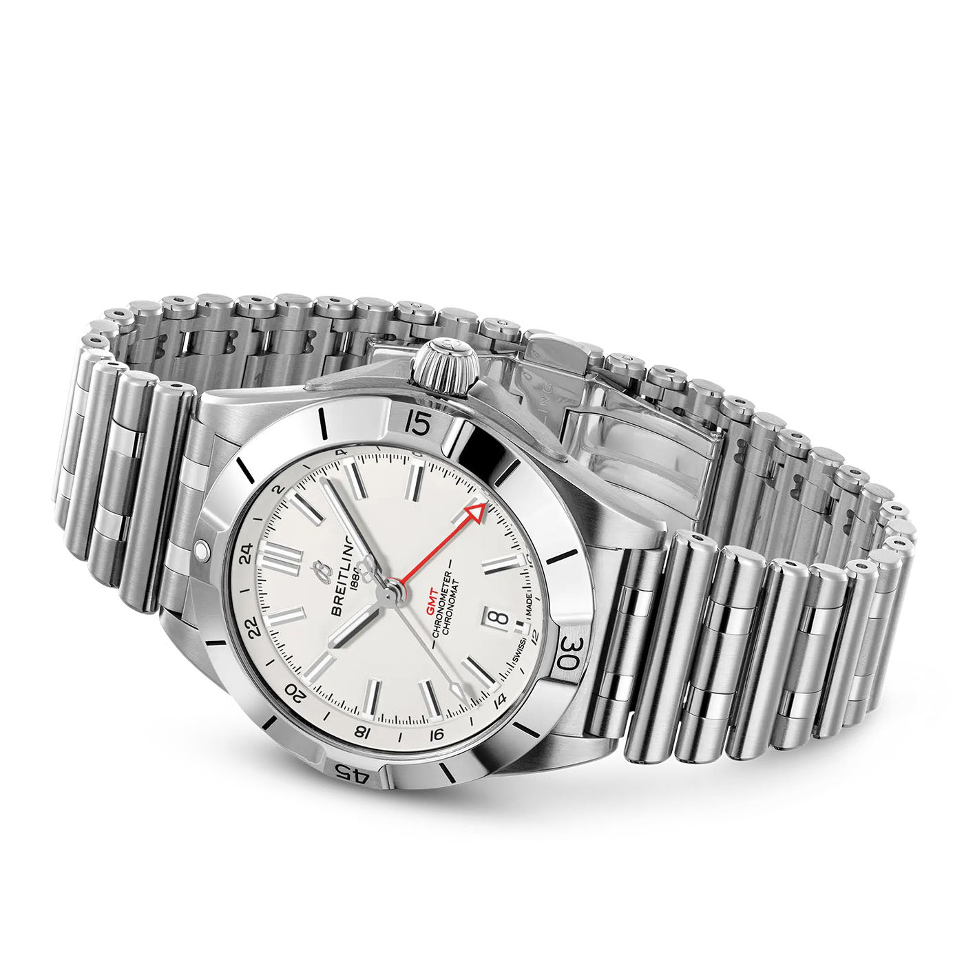 The BREITLING Chronomat Automatic GMT 40 wristwatch showcases a white dial with a rotating bezel, complemented by a red-tipped second hand and silver hour markers. It features an alligator leather strap, includes a date window, and is displayed with the time set to 10:10.