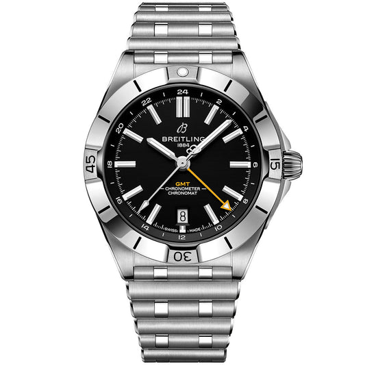 The BREITLING Chronomat Automatic GMT 40 NFL Edition features a stainless steel case, black dial, silver hour markers, orange-tipped GMT hand, date at 6 o’clock, and engraved bezel—an iconic Breitling NFL watch with metal bracelet.