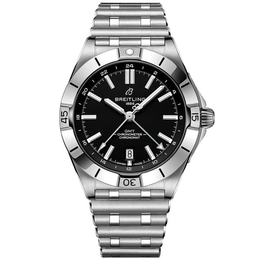 The Breitling Chronomat Automatic GMT 40 is a stylish stainless steel watch with a black dial, silver hands and hour markers, date window at 6 o’clock, silver bracelet, and pays tribute to the Las Vegas Raiders.