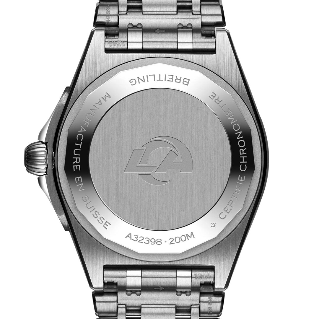 The stainless steel BREITLING Chronomat Automatic GMT 40 features engraved text—“MANUFACTURE EN SUISSE,” “CERTIFIE CHRONOMETRE,” “A32398,” “200M”—and the LA Rams logo, marking it as a unique Los Angeles Rams edition.