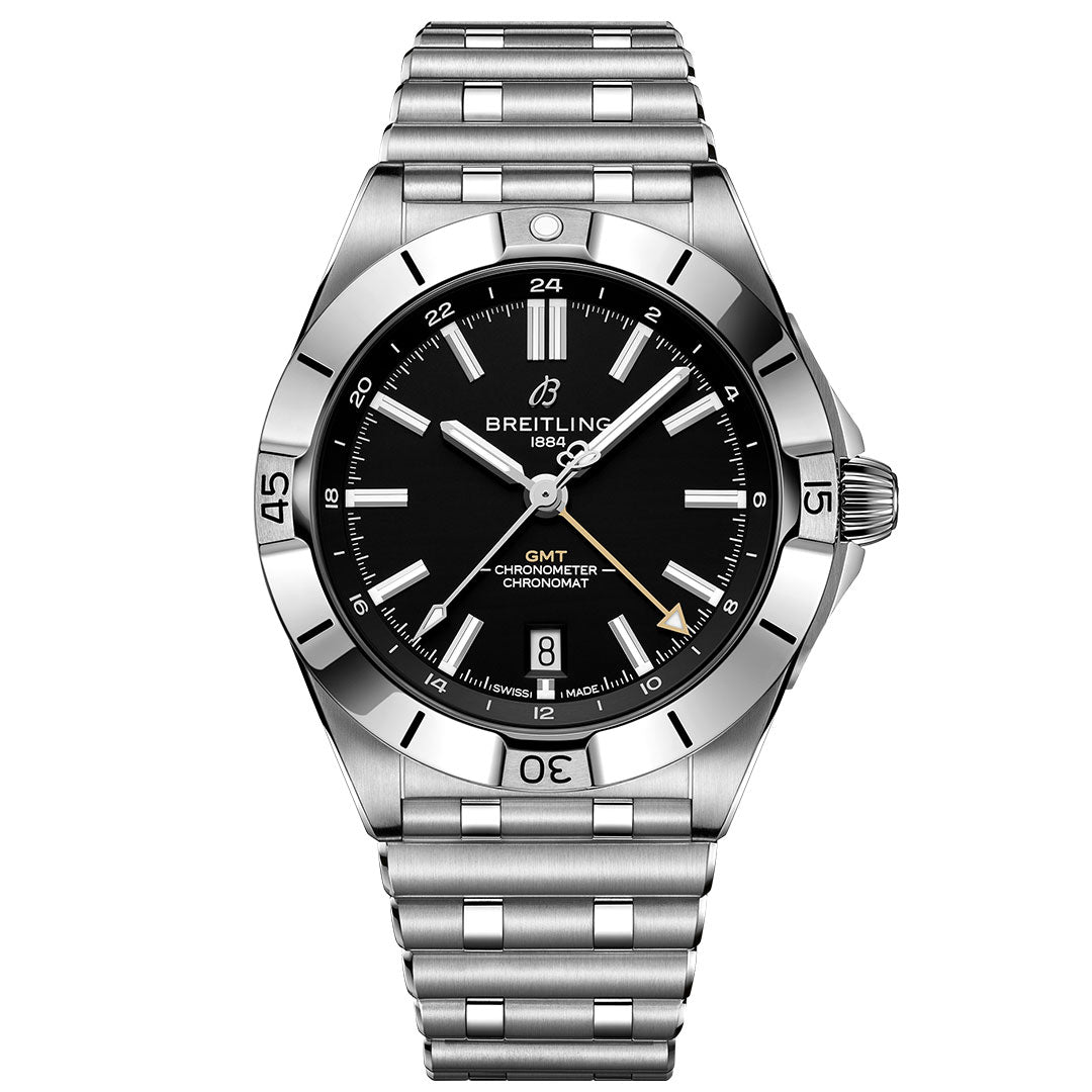 The BREITLING Chronomat Automatic GMT 40 features a stainless steel case, black dial, silver hour markers, date at 6 o’clock, luminous hands, bezel with minute indicators, and a silver link bracelet.
