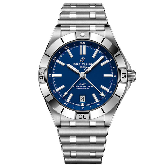 The Breitling Chronomat Automatic GMT 40 features a stainless steel case, blue dial with silver hour markers, numeral-marked bezel, metal bracelet, "Breitling 1884" and "GMT Chronometer Chronomat" on the face, and an Indianapolis Colts motif.