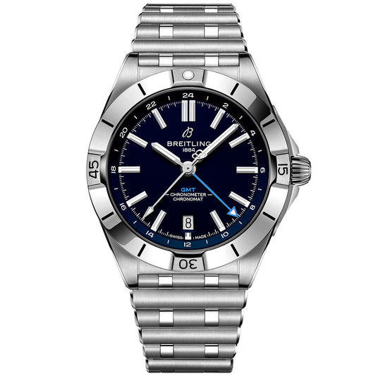 The BREITLING Chronomat Automatic GMT 40 features a dark blue dial, silver hour markers, date window at 6 o’clock, and a metal link bracelet—an ideal stainless steel wristwatch for any Tennessee Titans fan.