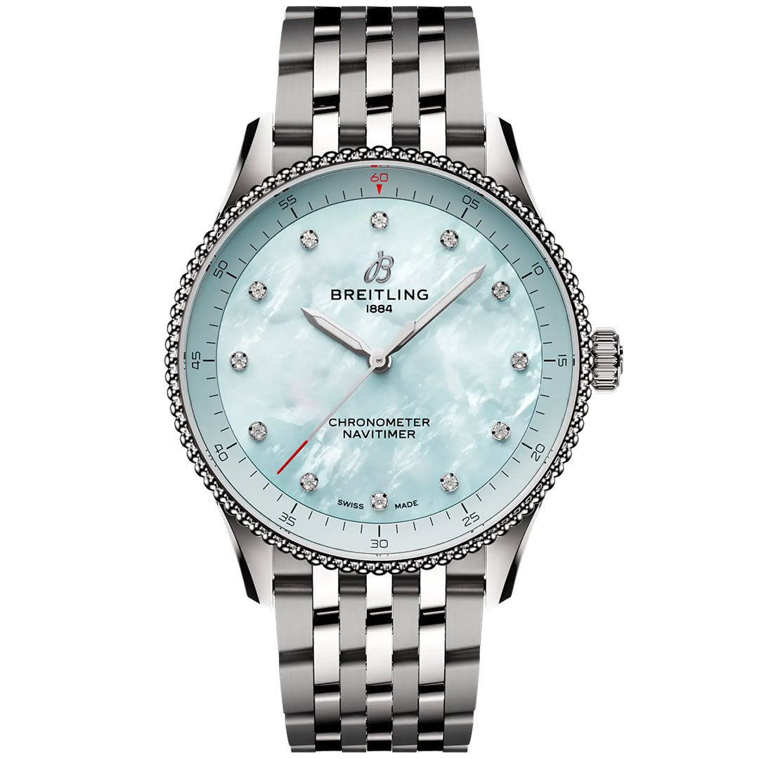The Breitling Navitimer 32 features a stainless steel link bracelet, light blue mother-of-pearl dial, diamond hour markers, and silver accents on the hands and bezel.