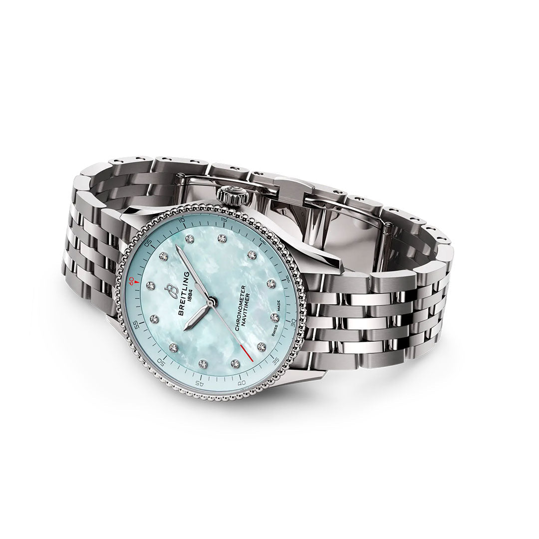 The BREITLING Navitimer 32 by Breitling features a stainless steel bracelet, light blue mother-of-pearl dial with diamond hour markers, and a textured bezel, elegantly presented against a white background.