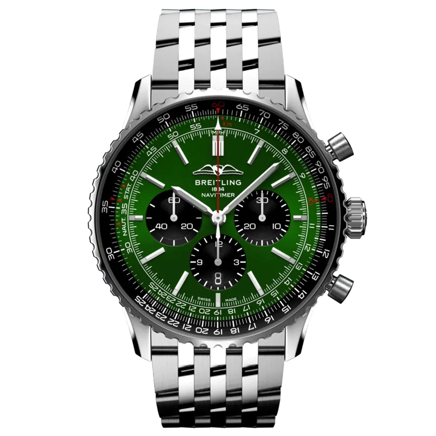 The BREITLING Navitimer B01 Chronograph 46 by Breitling is a stunning timepiece featuring a silver case, an eye-catching green dial, three black subdials, and a stainless steel bracelet. Its polished bezel and three intuitive side buttons enhance its sophisticated design.