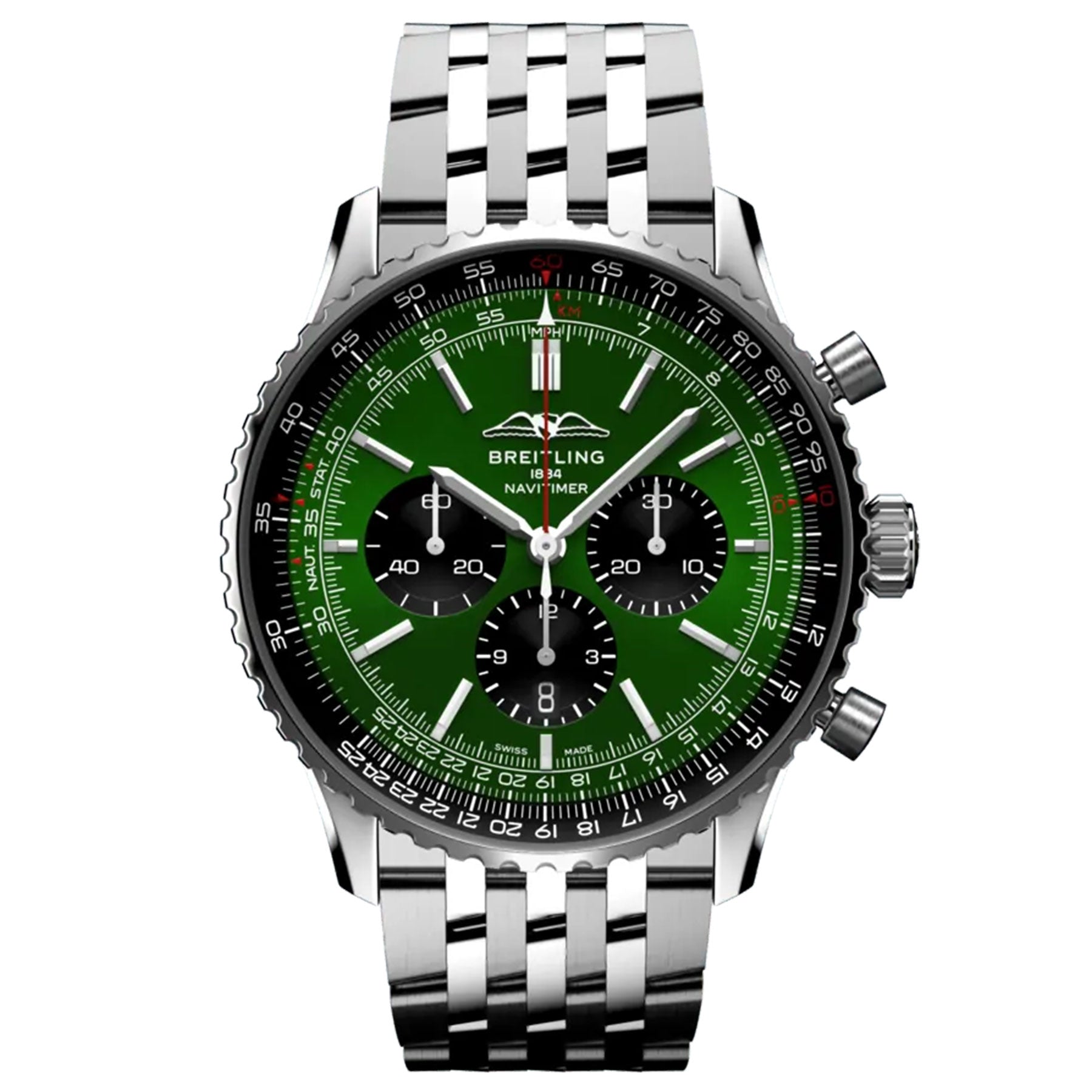 The BREITLING Navitimer B01 Chronograph 46 by Breitling is a stunning timepiece featuring a silver case, an eye-catching green dial, three black subdials, and a stainless steel bracelet. Its polished bezel and three intuitive side buttons enhance its sophisticated design.