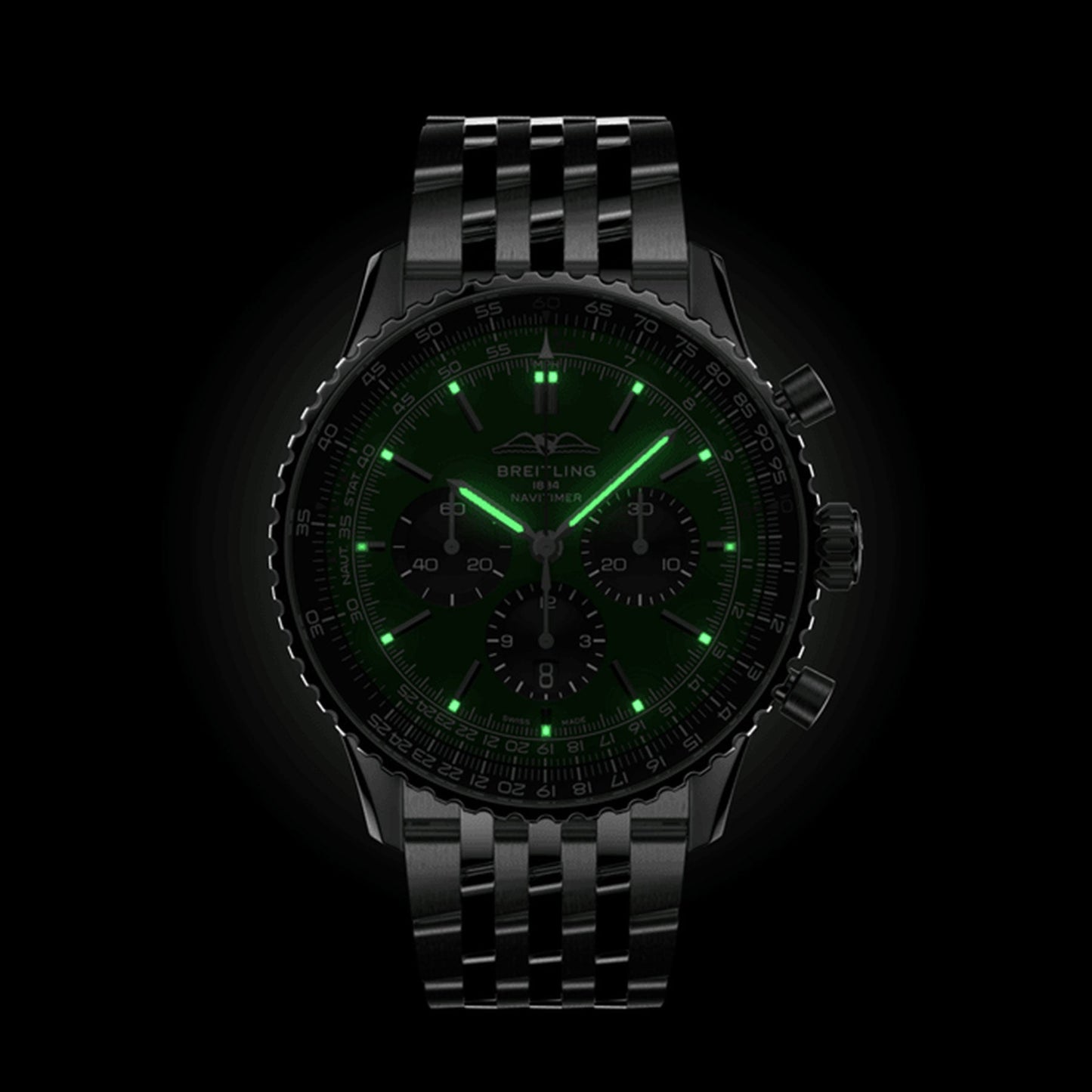 The men's BREITLING Navitimer B01 Chronograph 46 features a sleek dark metal bracelet and striking green luminescent hour markers on its black dial, all set against an elegant black background.