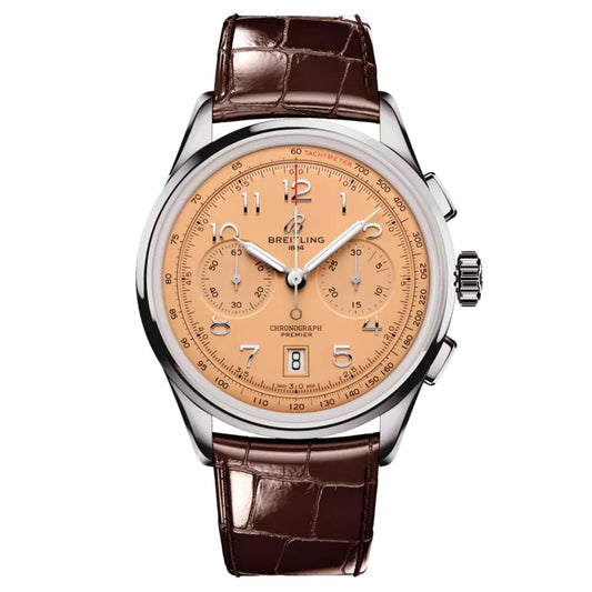 The BREITLING B01 Chronograph 42 by Breitling is a luxury wristwatch featuring a brown leather strap paired with a rose gold face. It includes three subdials, a date display, and a tachymeter scale on the outer rim. The watch hands and hour markers provide an elegant contrast for easy readability, making it an exceptional timepiece.